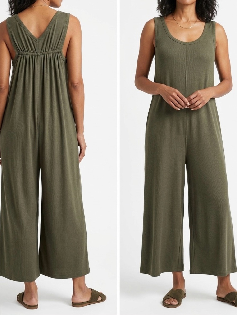 SUSINA Ribbed Sleeveless Olive Green Wide-Leg Cropped Jumpsuit Gathered Back